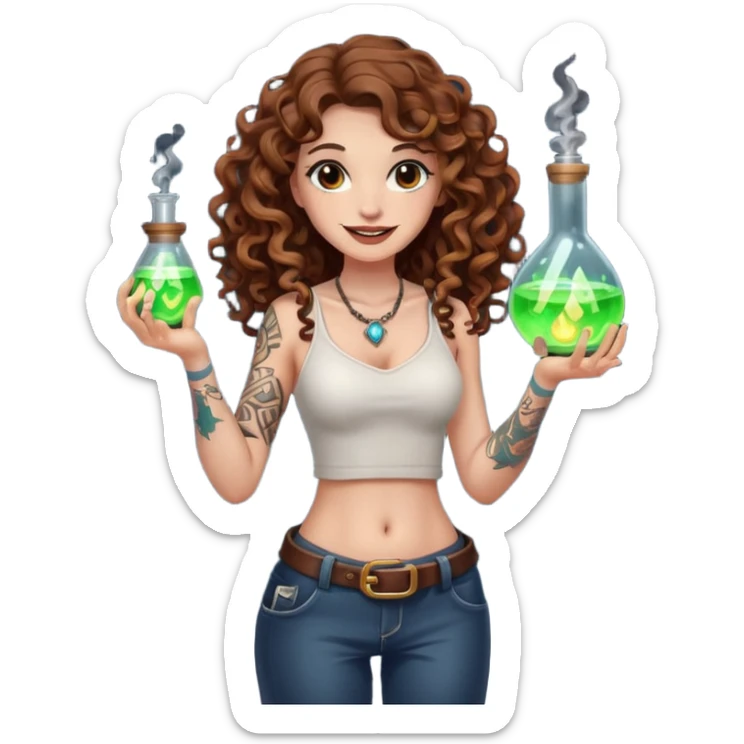 full body view of a woman with long curly brown hair, brown eyes, white skin, tattoos, holding a glowing potion flask at hip level, playful dangerous smile sticker