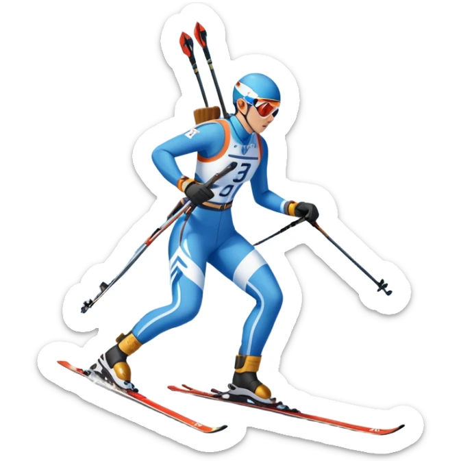 An icon featuring a biathlete in motion, holding a rifle and skiing across a snowy course. The backdrop includes snow-covered trees, distant mountains, and a clear blue sky. Transparent background highlights the precision, endurance, and excitement of biathlon. sticker