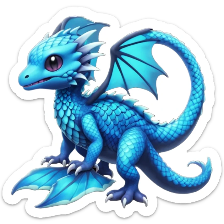 Multicolored dark shiny bioluminescent glowing black and cyan and blue gloomy spooky cute adorable scales-covered pretty cool elegant realistic abyssal exotic Fakémon-Pokémon-Trico-creature, full body sticker