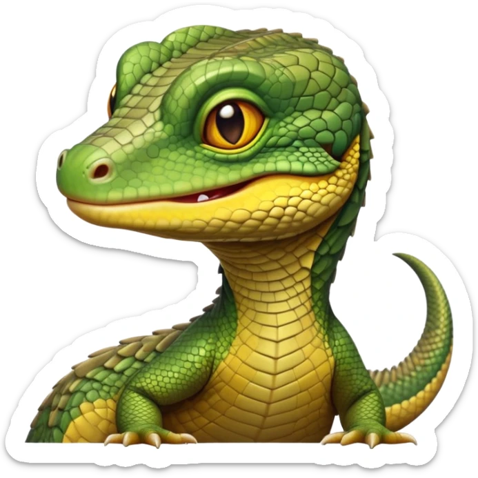 cinematic-realistic-cute-monitor-lizard-portrait-emoji,-head-tilted-playfully-and-inquisitively,-featuring-a-compact,-agile-body-with-finely-detailed,-glossy-scales-in-earthy-olive-hues-and-a-distinct,-alert-face-with-bright,-curious-eyes, yellow and green multi coloured  scales sticker