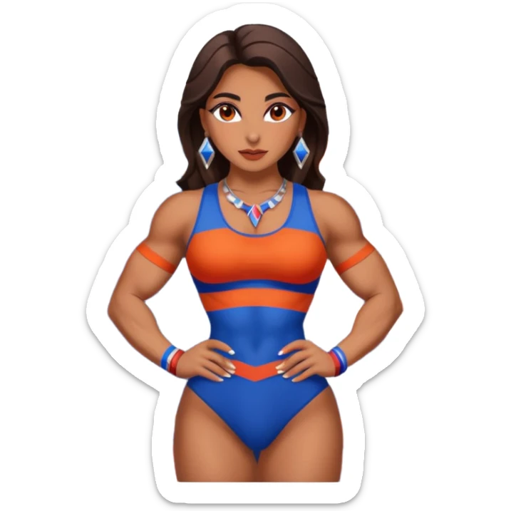sexy and muscled, full body, brown skin Armenian caucasian girl, sexy Armenian girl, beautiful eyes, makeup, earrings, muscled, surrounded by mountains, red, blue and orange stripes, mountains around sticker