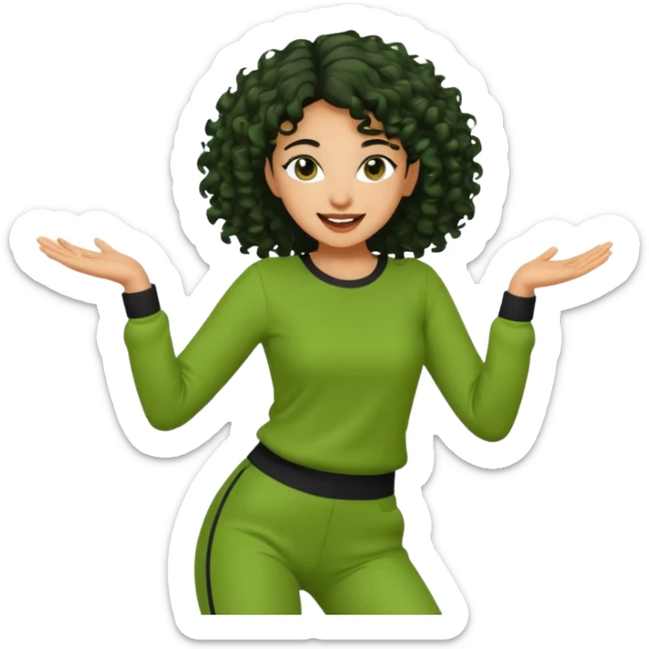 a woman with olive skin tone and curly black hair wearing green and dancing sticker