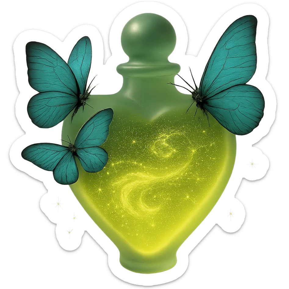 Enhance the inside of the heart-shaped bottle to appear filled with a luxurious, swirling liquid in color #c0ff53 with a realistic, flowing glitter effect. The liquid should sparkle and swirl inside the bottle in a very 3D and magical way. Keep the two butterflies and magical sparkling dust as is. Maintain transparent background (PNG). sticker