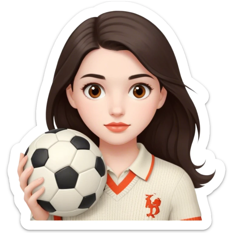 pale girl with soft and long dark brown hair and dark brown eyes, coral-colored lip, Holding a soccer ball, Wearing ivory polo ralph lauren knitwear sticker