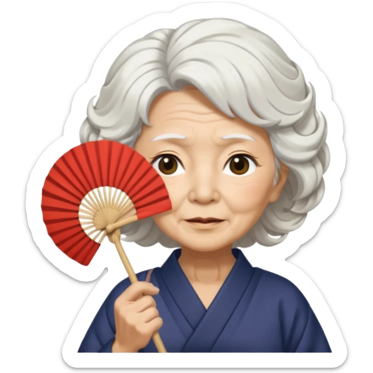 japanese culture old woman with white wavy hair and wrinkles holds a fan to cover her face sticker