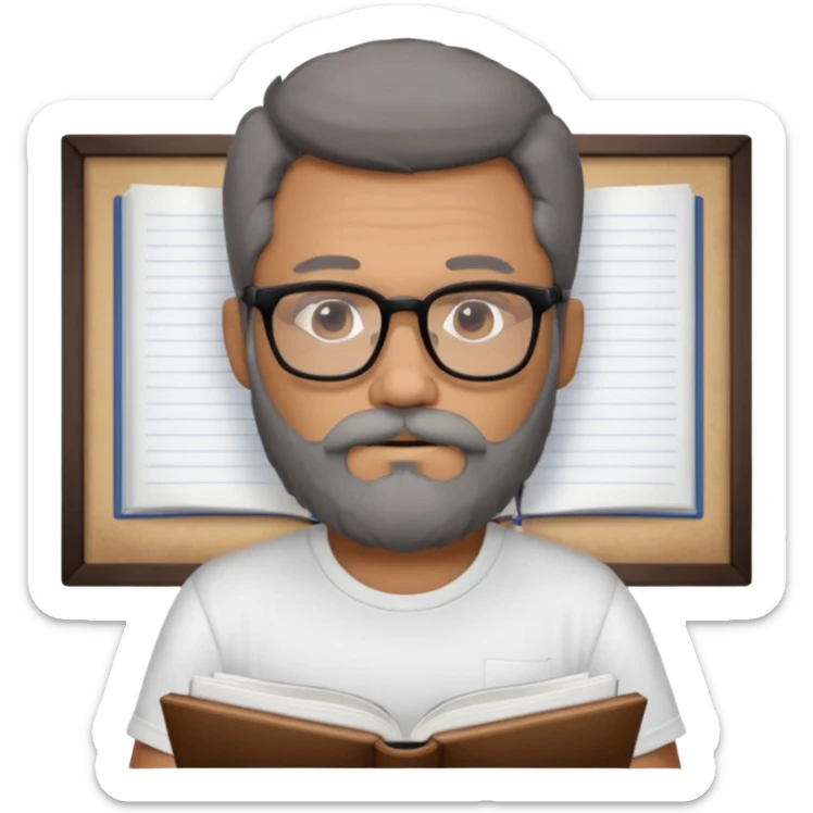 A man with a large gray beard, dark hair, wearing a t-shirt and glasses, studying. sticker