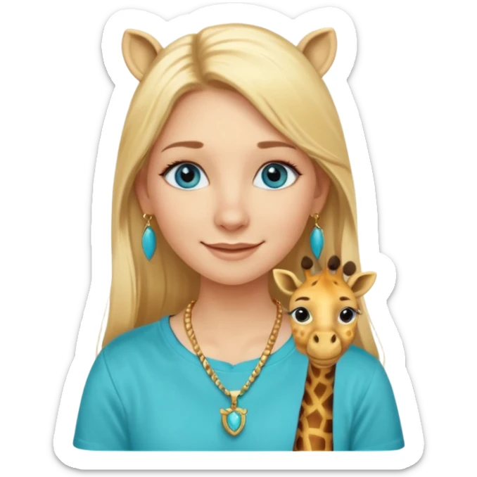 Swedish girl blonde long straigt hair blue eyes turqoise shirt gold earings girrafe necklace gold small long lashes smiling closed mouth sticker