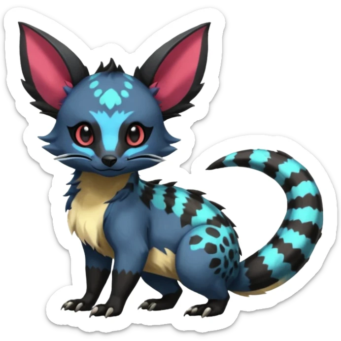 Rare exotic cute epic aesthetic gothic colorful Salandit-Eevee-Civet-species-Fakemon-hybrid-creature, with markings, full body sticker