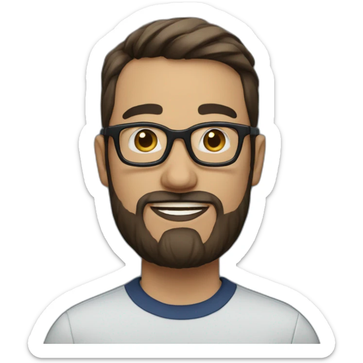 A man with short brown hair and Beard and black round glasses, wearing a dark blue shirt sticker