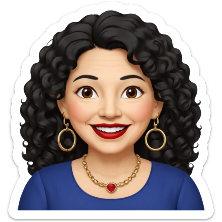 60 yr old Mexican woman, slightly chubby, wavy/curly long black hair, red lipstick, big smile, white teeth, brown eyes, hoop earings, side part to hair, round face, nice blouse, no wrinkle hair side swept, big hoop earing sticker