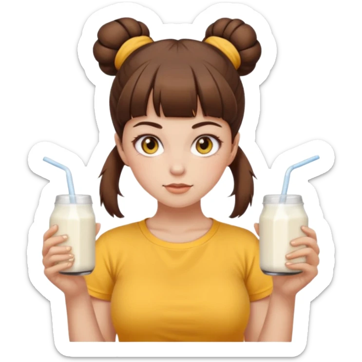 beautiful girl with brown hair with twin buns style, straight bangs, yellow eyes, milk brown tshirt, white skin, her body is a little fat  sticker