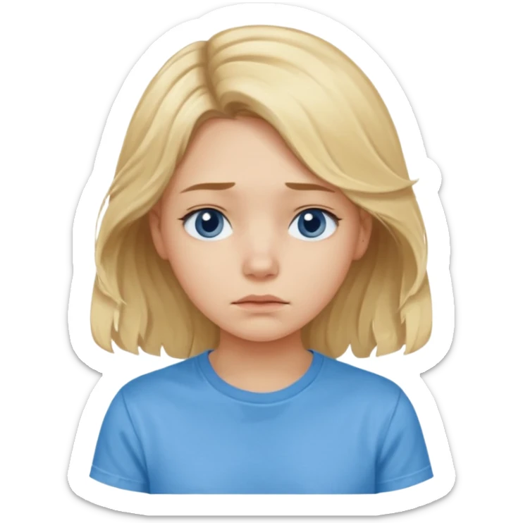 Sad blond girl with light weavy hair with a blue shirt but we can see only her face and neck and the top of the t shirt, no whole body sticker