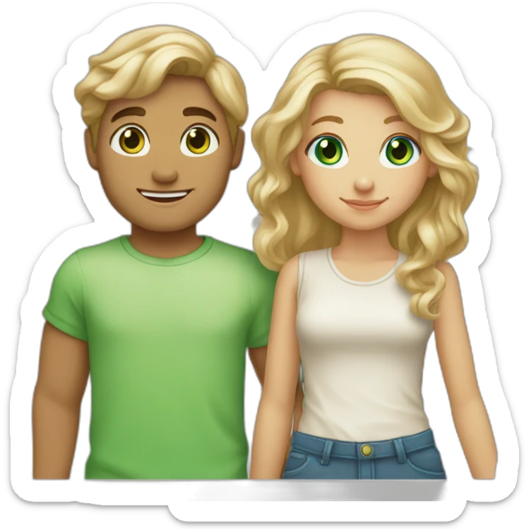 “blonde girl with tan skin and blue eyes” holding hands with “tan boy with long curly brown hair and green eyes” sticker