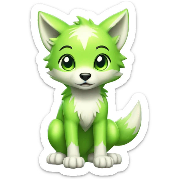Cute Shy Shiny Lime-Green Fakémon-Wolf with white and dark-green markings Full Body sticker