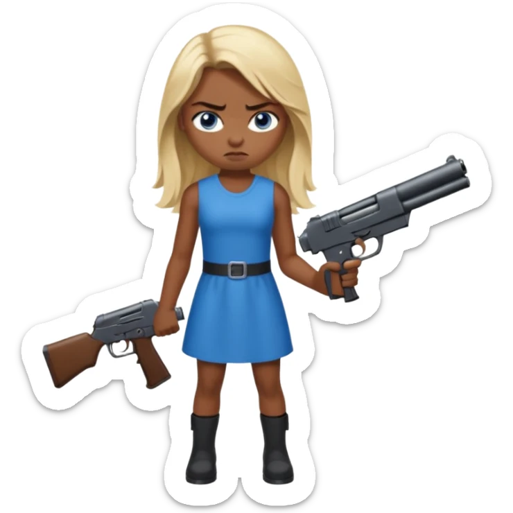Beautiful  blue eye blonde Long Hair Gangsta girl in a short Dress Looks angry  with a big gun sticker