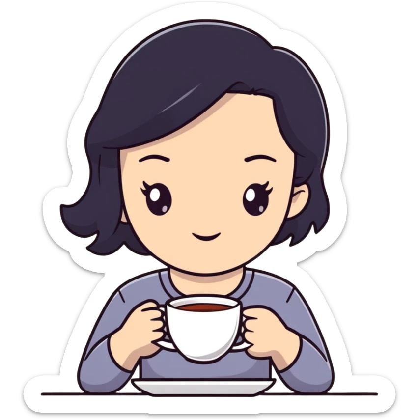 white girl with black hair, self care moment, holding a cup of tea, relaxed sticker