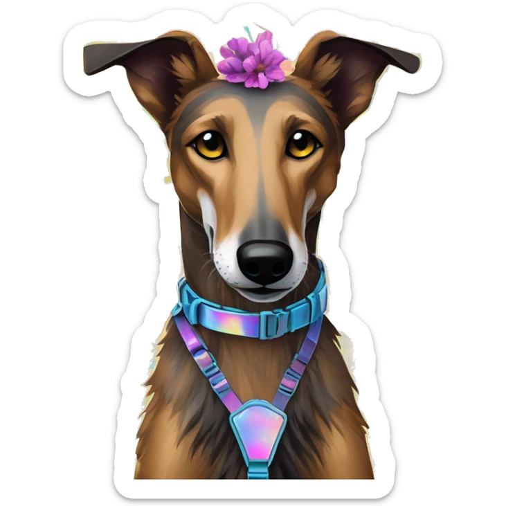  brindle brown black maroon gold lurcher Alsatian fox running blue eyes and iridescent holographic oilslick harness wearing paper iridescent tropical flower crown yellow caution tape sticker