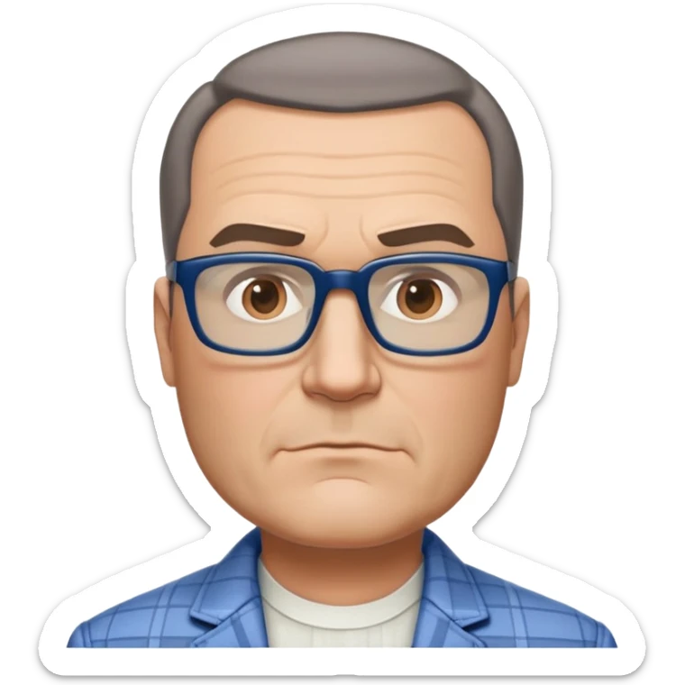 50-year-old heavyset man with very wide face and prominent square jawline. Short straight hair combed to the side, not balding. Large dark square glasses. Serious-relaxed expression. Light gray jacket that fits his larger frame, white shirt with blue checkered pattern. sticker