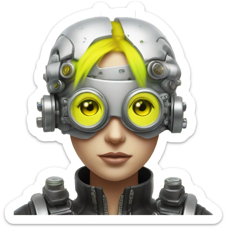 Round faced Caucasian female cyborg head with Neon yellow bobbed hair, silver steampunk goggles and circuits sticker