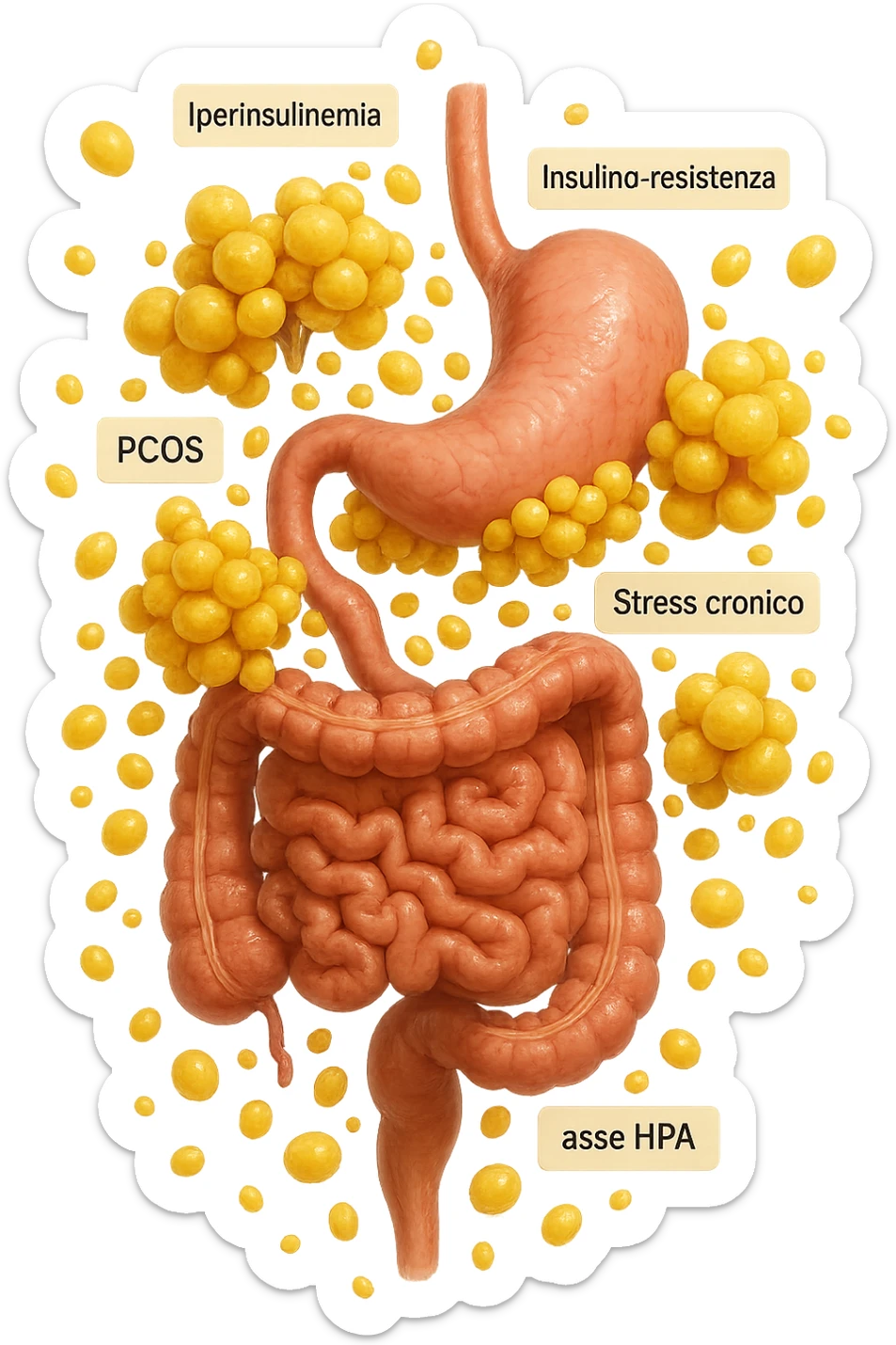 STOMACO E INTESTINO SONO VERTICALMENTE COLLEGATI E INTORNO A QUESTI ORGANI CI SONO CELLULE DI GRASSO GIALLE ATTACCATE SOPRA A GRAPPOLI, intorno fluttuano cellule di grasso giallo e alcune targhette con queste parole "Iperinsulinemia", "insulino-resistenza", "PCOS", "Stress cronico", "asse HPA", IPERREALISTICO 4K sticker