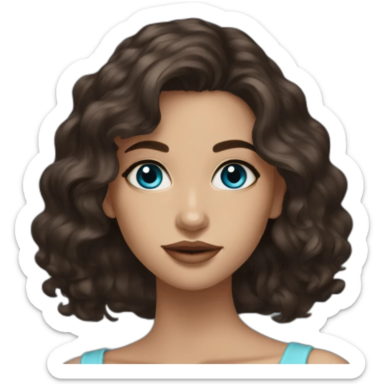 beautiful girl, blue eyes, shoulder length dark brown wavy hair, small lips sticker