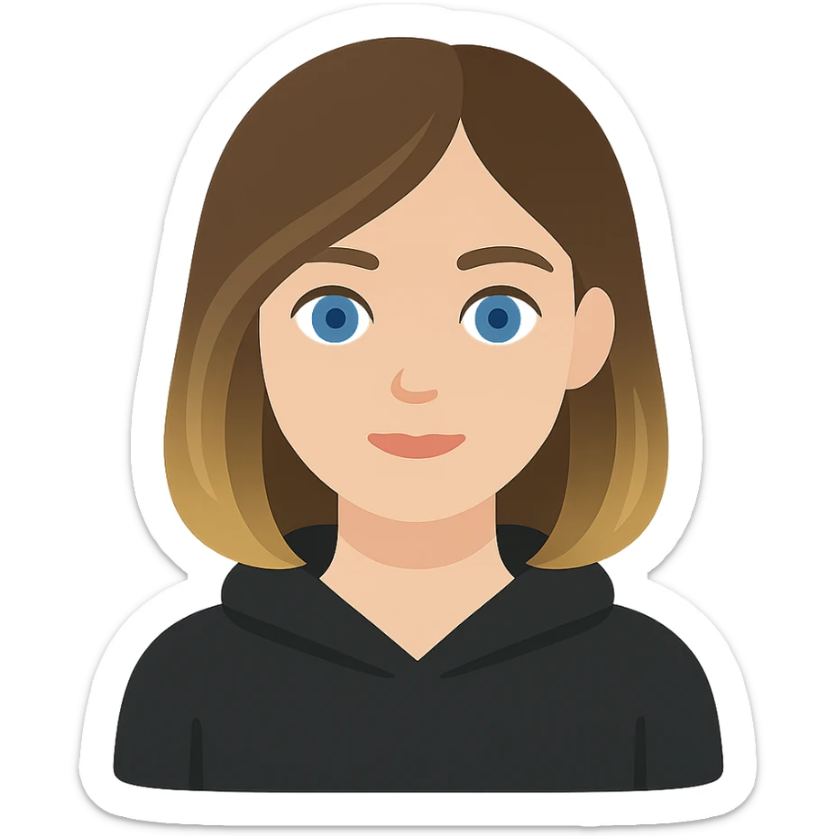 designer girl with blue eyes, shoulder-length brown hair with blonde highlights, wearing a black hoodie sticker