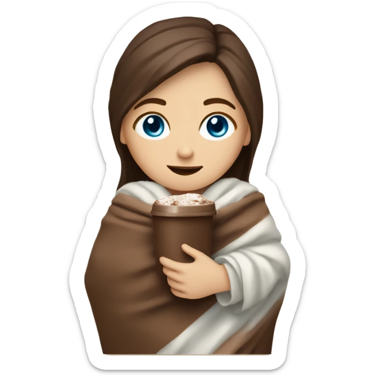 White Girl with blue eyes and brown hair seating with cocoa in her hands and covered with blanket  sticker