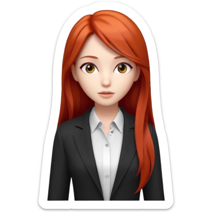 3D animated female character with long straight red hair, sharp eyes, slim face, stylish modern outfit, confident expression, K-pop inspired animation style." sticker