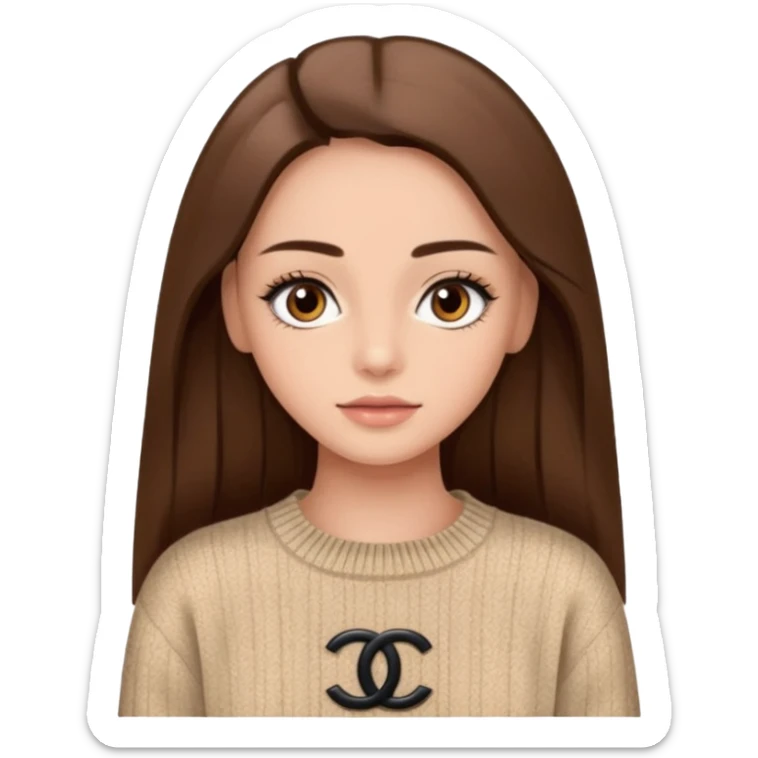 Une fille avec des faux cils, des yeux, marrons, des cheveux lisses un pull Chanel sticker