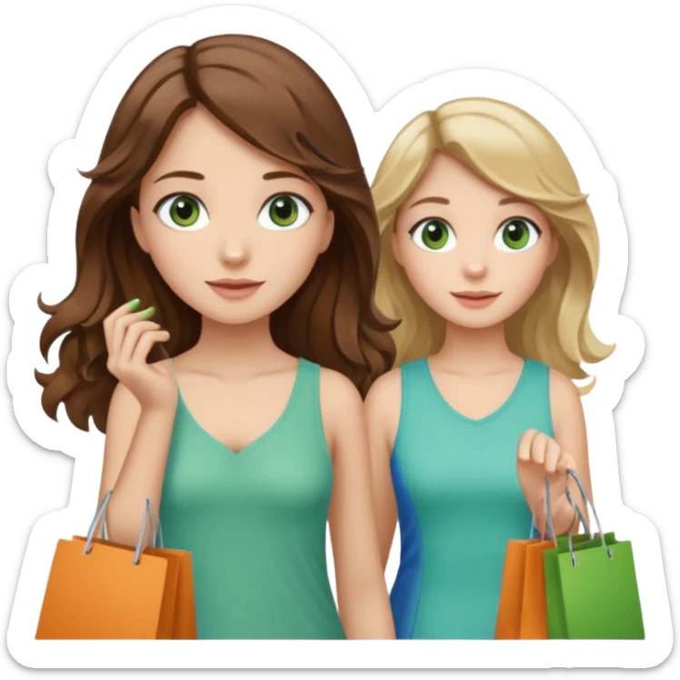 make me and my best friend togheter i have brown hair that falls on my shoulders and BROWN eyes and she has really long wavy brown hair with a little blonde and green/blue eyes we are shopping and i have BROWN eyes and i am taller than her sticker