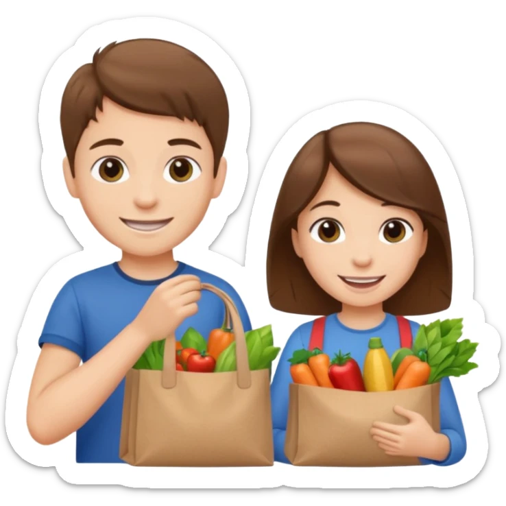 caucasian kids putting groceries in bags smiling brown hair sticker