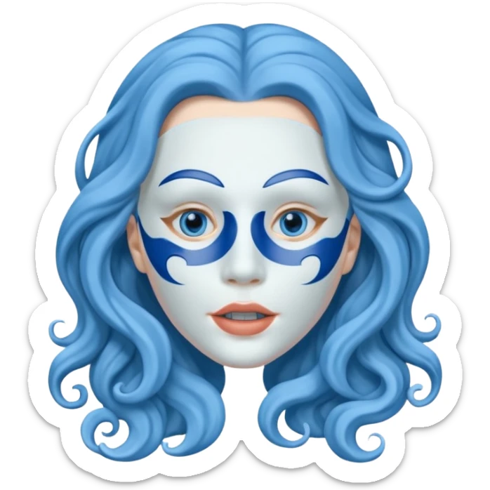 Life like mask of female with long wavy blue hair, empty eyes and mouth sticker