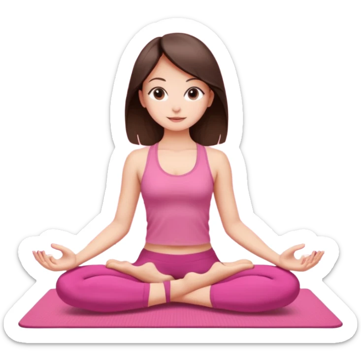 Brunette mid straught hair girl. Slim. Doing loto yoga pose on a Pink set and a Pink mat sticker