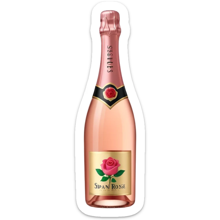 bottle of sparkling rosé champagne with a rose logo on the label, tilted up and to the left, no glass sticker