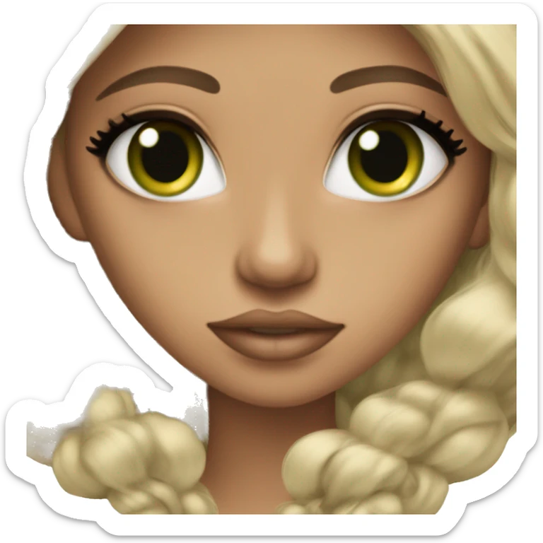 glamorous baddie long brunette hair with green eyes beige skin sticker