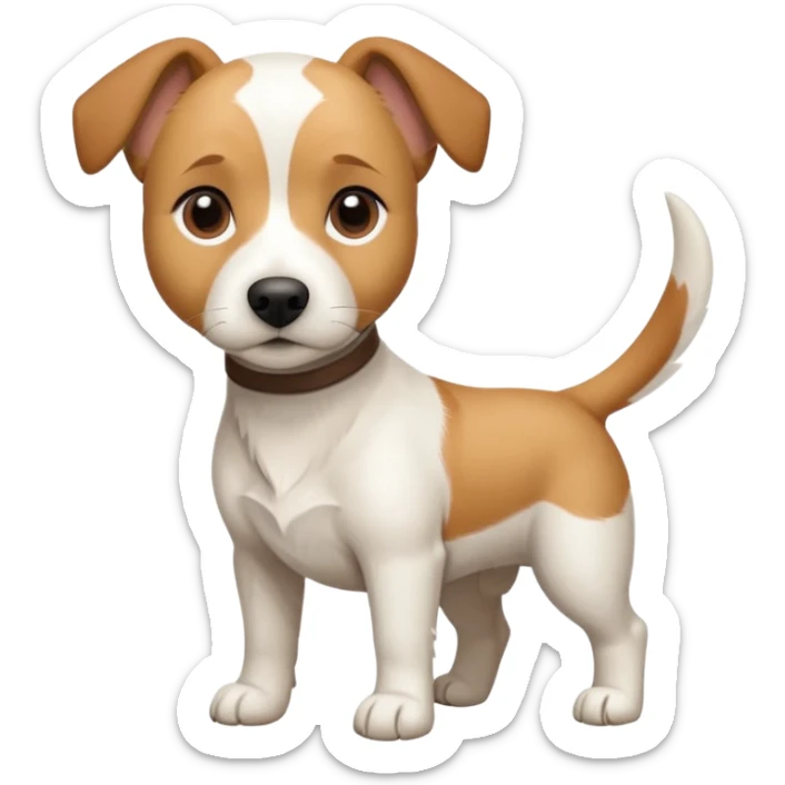 a full body facing front on of a buff white beagle cross jack russell terrier looking dog the size of a kelpie with light brown long ears resting on its face and a light brown patch above one eye and a large snout. the rest of the dog is completely white.  sticker