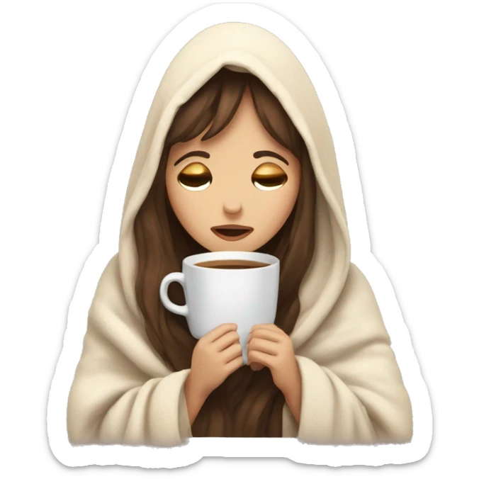 girl inside a blanket sipping coffee eyes closed white skin, brown hair and bangs sticker