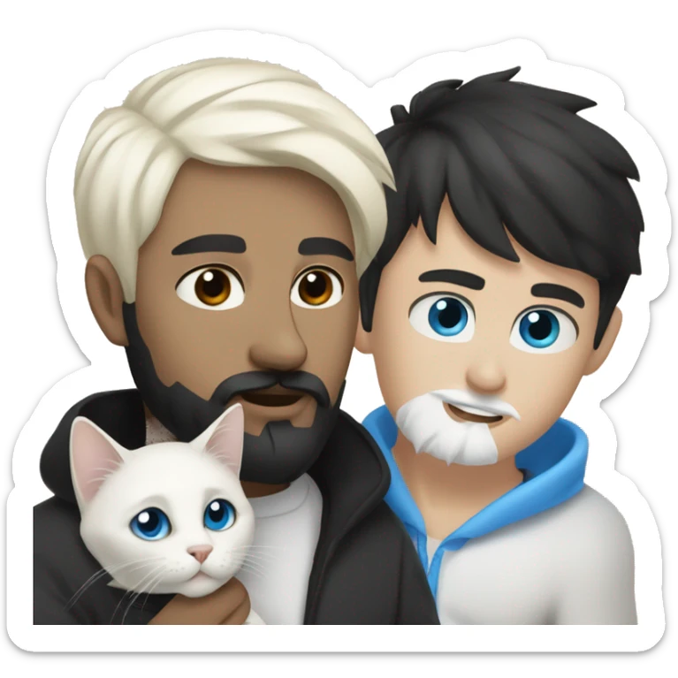 A guy with a black earing and black short hair and black beard and holding a all white Siberian cat with blue eyes  sticker