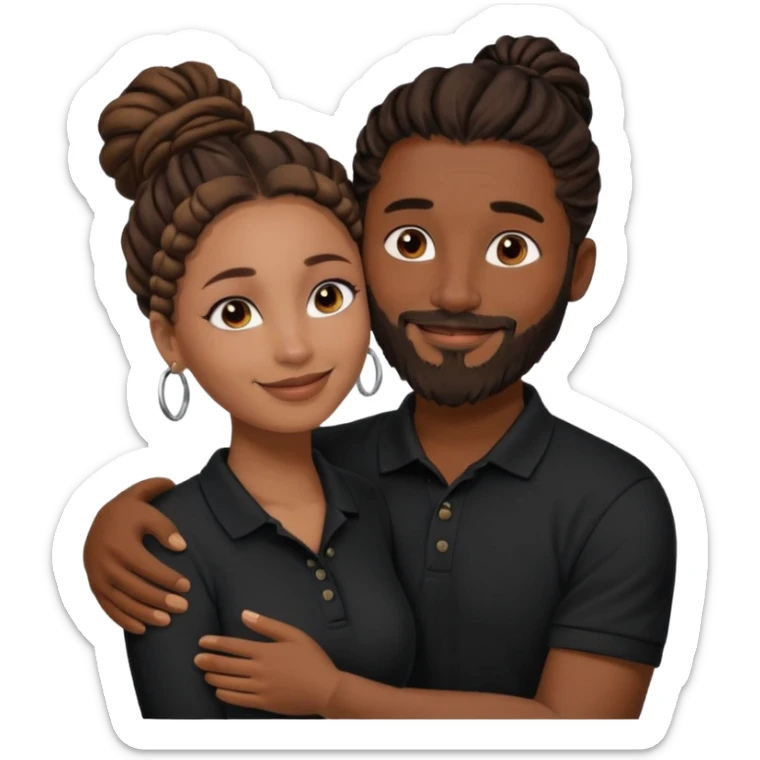 Couple emoji: smiling woman with brown skin, nose ring, makeup, hugging man with dark skin, beard, dreadlocks in a bun, wearing black polo. Warm, loving vibe. sticker