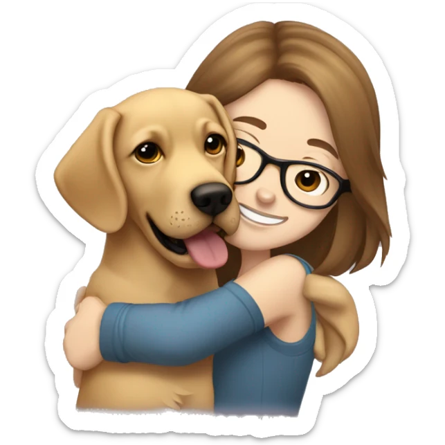 Golden Labrador retriever cuddles with a girl with brown hair, glasses and a nose piercing sticker