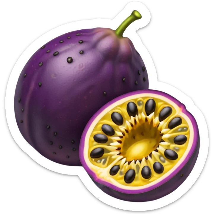whole round purple passion fruit with slightly wrinkled matte skin next to a halved piece exposing vibrant yellow pulp filled with glossy black seeds juicy jelly-like texture bold contrast between rind and interior no leaf spoon or extras soft lighting subtle shadows emoji scale sticker