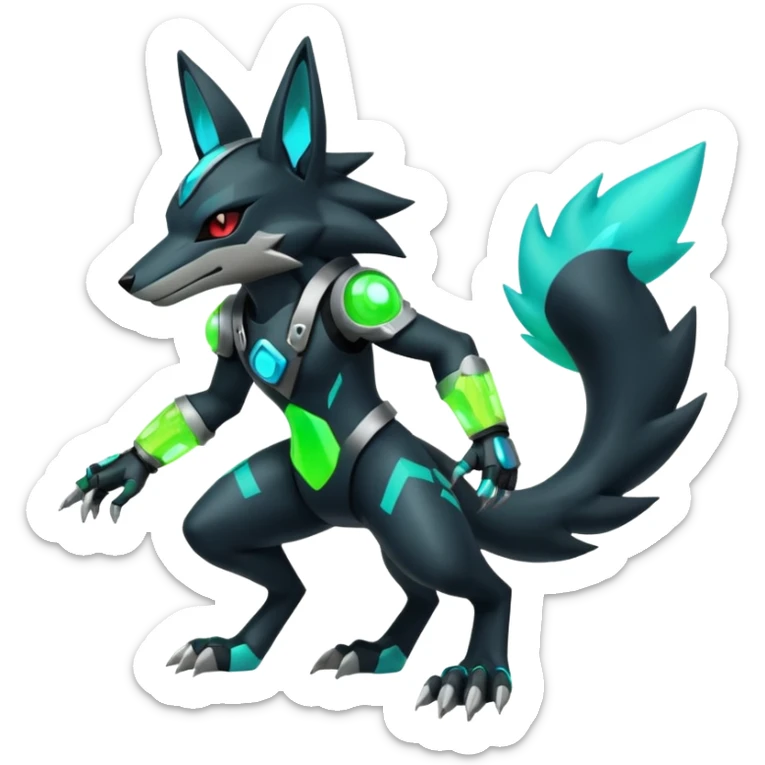 Black and green cyberpunk intricate neon glowing grey white futuristic cyborg-Lucario-Zeraora-Zoroark-Luxray-fusion (full body) sticker