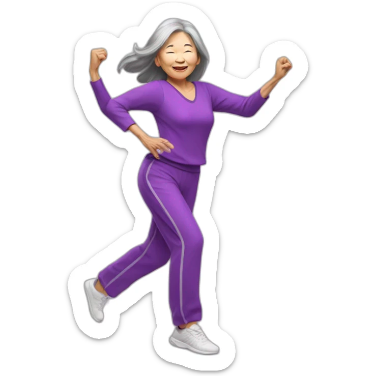 long hair Asian senior woman with bang in purple outfit dancing Zumba sticker