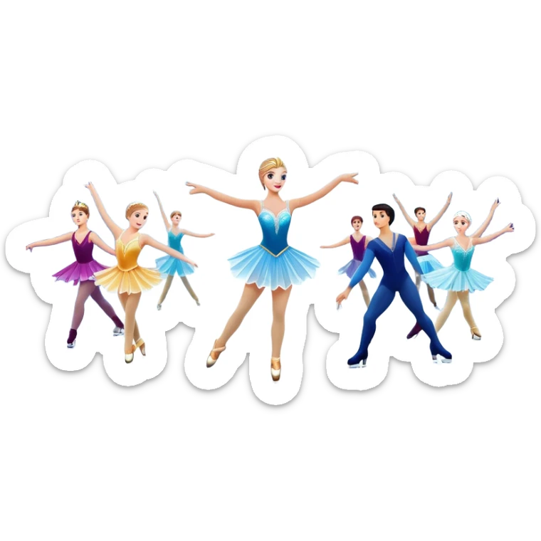 An icon of a theatrical ice show with close-up costumed figure skaters performing a dramatic scene on a glowing ice stage. Spotlights, colorful scenery, and a cheering audience in a grand arena convey the magic and artistry of the ice performance. Transparent background included. sticker