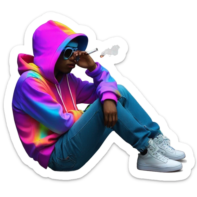 Multicoloured neon person smoking wearing hoodie dancing hip hop bucket hat tropical Skater fashion aesthetic baggy clothes graphic t shirt 420 sticker