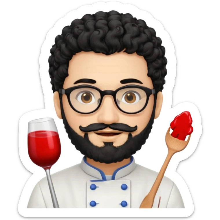 CHEF CON PELO NEGRO RIZO Y BARBA NEGRA, OJOS MARRON OSCURO Y GAFAS DE PASTA NEGRAS. SONRIE Y TIENE MARCAS DE BESOS CON FORMA DE LABIOS EN LAS MEJILLAS (COMO MANCHAS DE PINTALABIOS) sticker