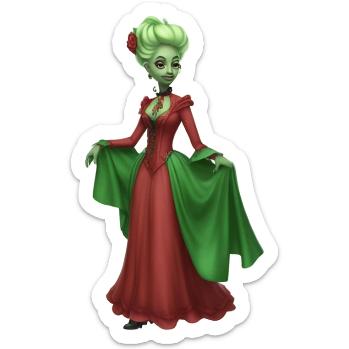 "galora green blonde alien woman" in red Victorian dress elegant, full body, on pegaso sticker