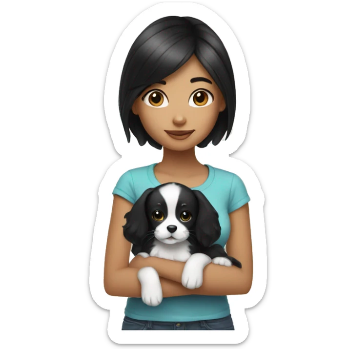 girl with long black hair holding black and white puppy sticker