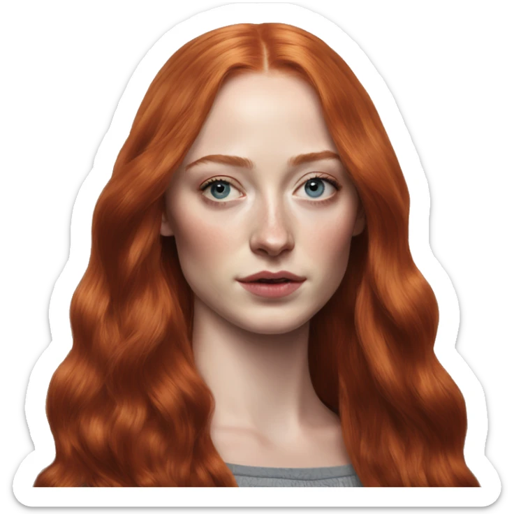 Sophie Turner long red hair, teenager, Sansa Stark, hyperreal, photoreal portrait sticker