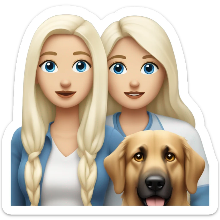 Blue eyed woman with long straight white hair with a German shepherd with a crooked ear and a golden retriever  sticker